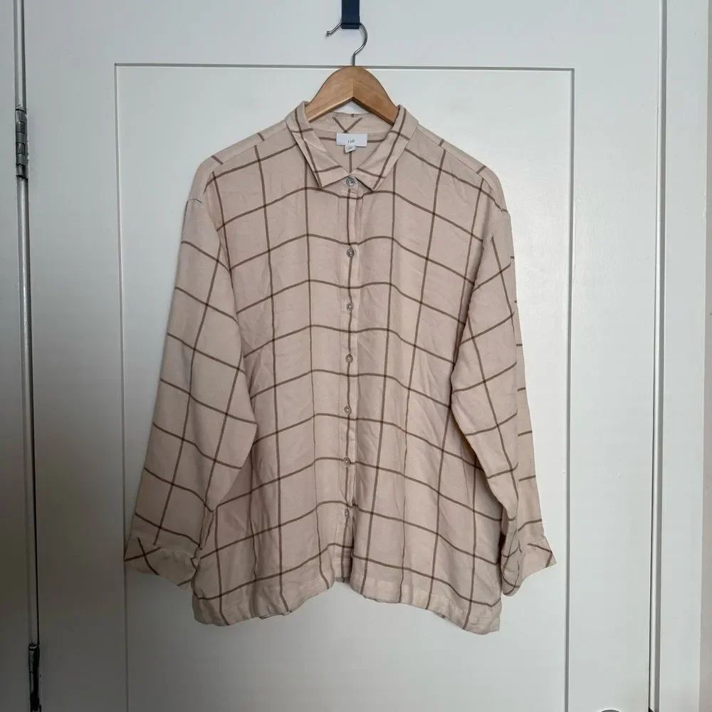 J Jill Shirt Womens Sz L Petite Beige Checkered Long Sleeve Button Up Soft